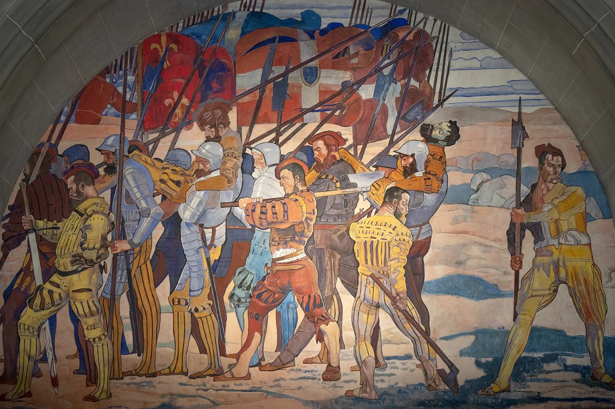 Ritirata da Marignano. Affresco sul lato ovest della Sala della Gloria (Ruhmeshalle) al Museo Nazionale Svizzero di Zurigo, parte centrale, 1900. Museo Nazionale Svizzero