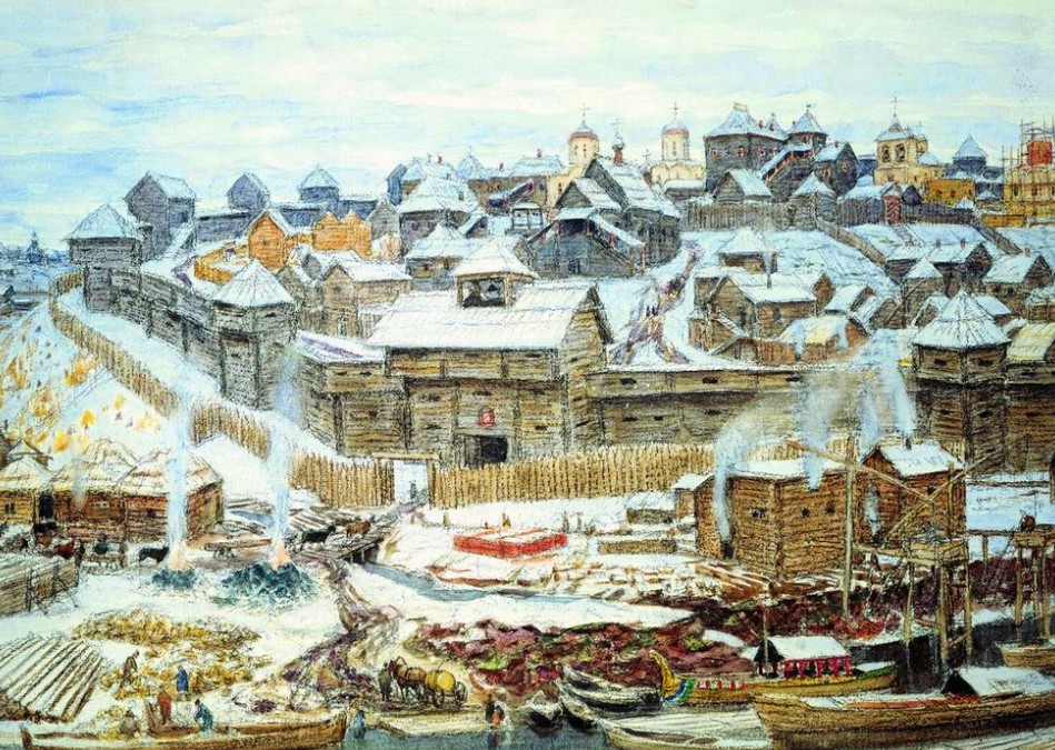 Raffigurazione di come la zona del Cremlino a Mosca si presentava all'inizio del 1500, prima dell'arrivo di Solari. Fonte: Wikipedia.