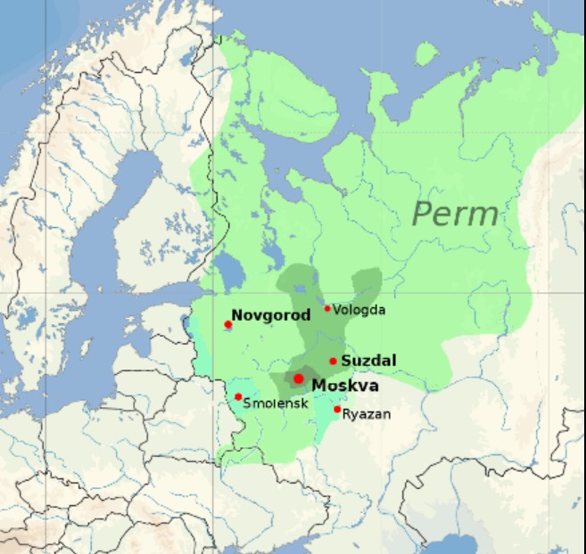 La sfera d'influenza moscovita all'inizio del 1500, sulla destra il confine naturale degli Urali, che separa la Russia europea dalla Siberia. Fonte: Wikipedia.