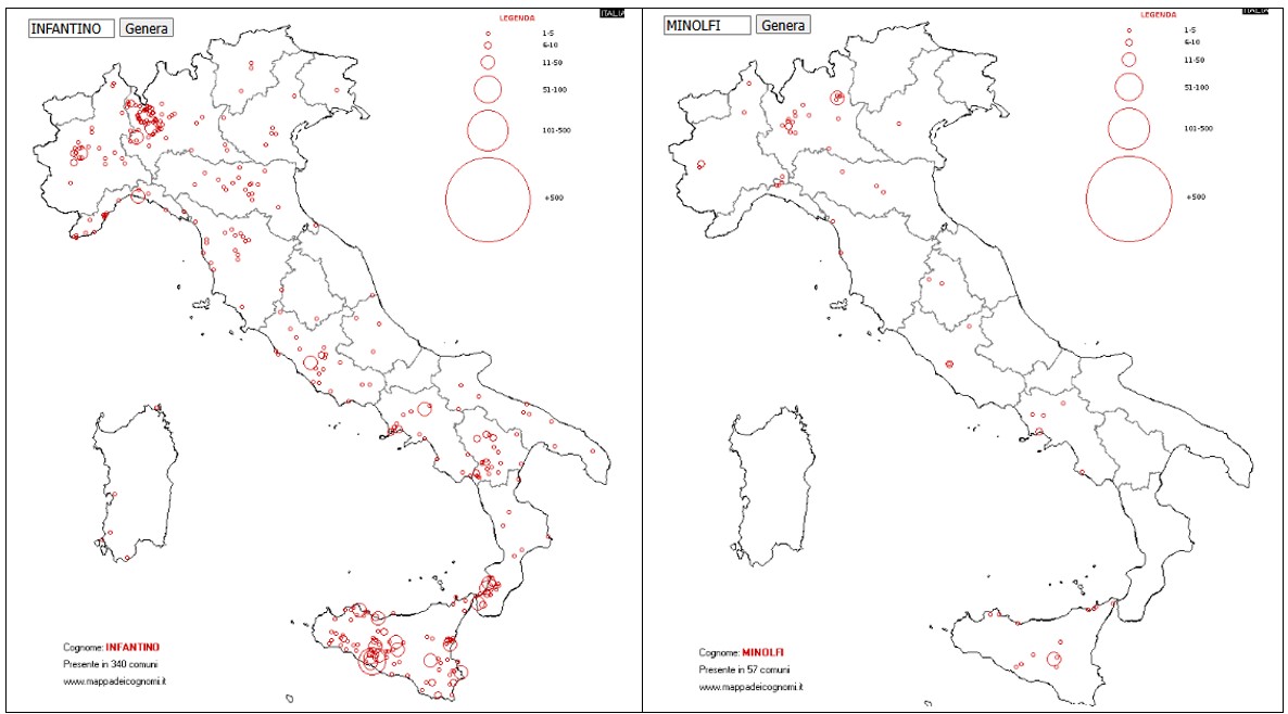 Distribuzione dei cognomi Infantino (padre) e Minolfi (madre) in Italia.