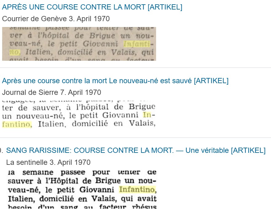 Alcuni degli articoli apparsi all'inizio dell'aprile 1970 sulla grave malattia di Giovanni Infantino. Fonte: E-newspaperarchives.ch