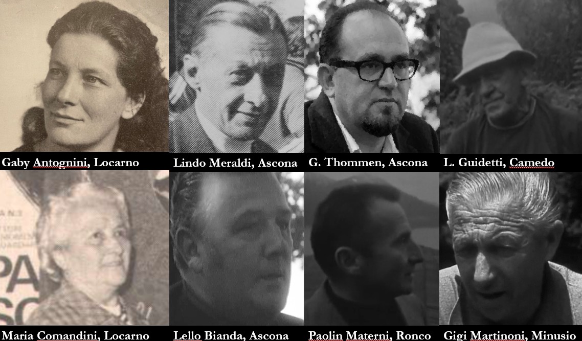 I ritratti di alcuni locarnesi toccati direttamente dalla riabilitazione per l'aiuto dato ai partigiani in Ossola: Gaby Antognini, Maria Comandini, Lindo Meraldi, Emanuale Bianda, Giacomo Thommen, Paolino Materni, Lorenzo Guidetti e Gigi Martinoni. Fonte: Insubrica Historica
