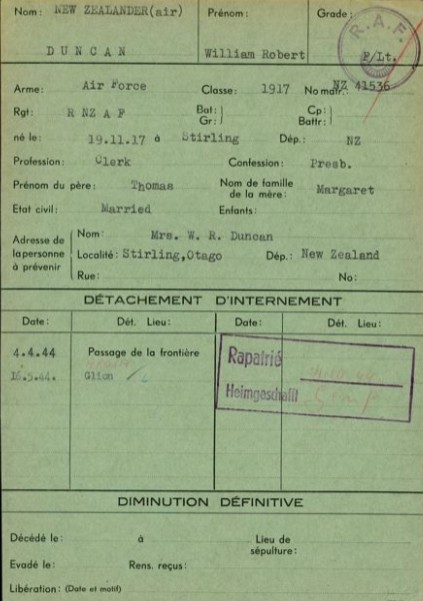 Fiche d'internamento per il capitano William Robert Duncan, anch'egli entrato il 4.4.1944 con Sydney Short in Svizzera. Fonte: AFS Berna