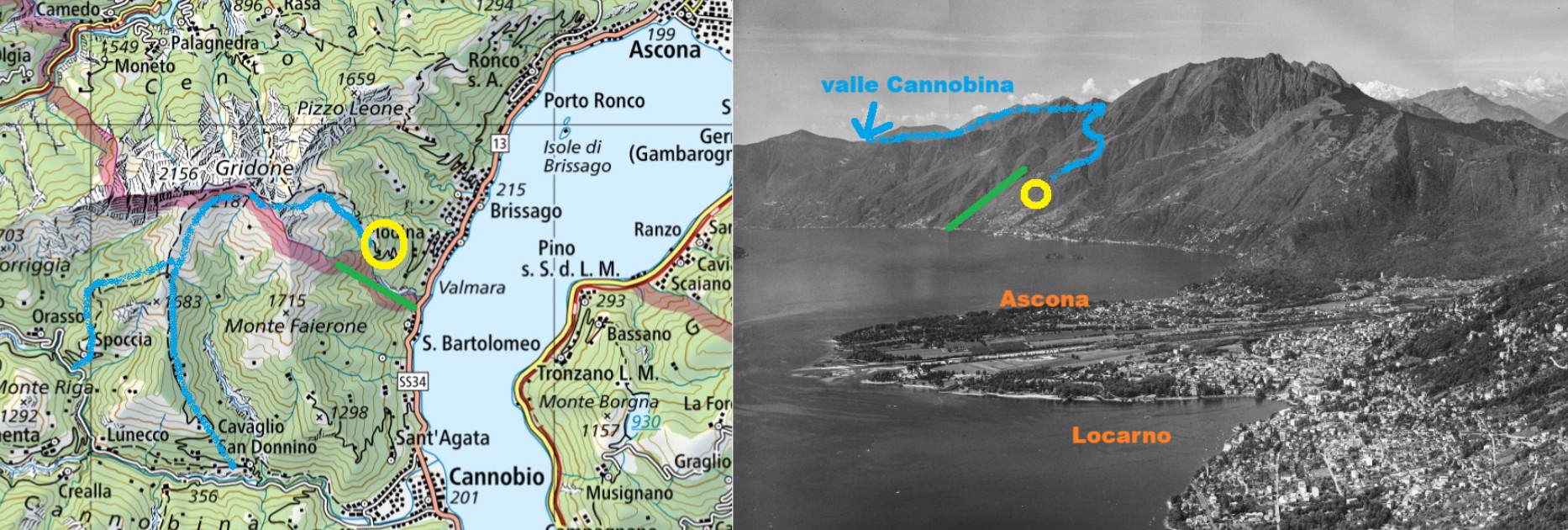 Il probabile percorso preso da Sydney Short con cinque camerati per entrare in Ticino il 4.4.1944. Il gruppo arrivò a Cortaccio, sopra Brissago. Fonti: Archivio Insubrica Historica, Swisstopo e Ethz Pics