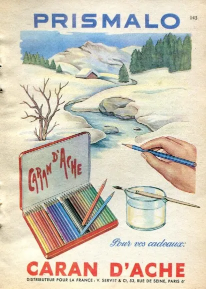 Arnold Schweitzer (1885–1947) è stato un imprenditore svizzero che nel 1915 rilevò la Fabrique genevoise de crayons, fondando la celebre Caran d'Ache a Ginevra. Sotto la sua guida, l'azienda rivoluzionò il disegno e le belle arti lanciando, nel 1931, Prismalo, le prime matite colorate acquerellabili al mondo, qui pubblicizzate. Fonte: Archivio Insubrica Historica