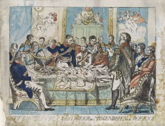 Al Congresso di Vienna del 1815, le grandi potenze europee, qui raffigurate mentre ridisegnano la mappa, sancirono formalmente la neutralità perpetua della Svizzera. Questo riconoscimento internazionale fu cruciale per garantire la stabilità e l'integrità del Paese, definendo la sua identità politica moderna. Fonte: Archivio Insubrica Historica