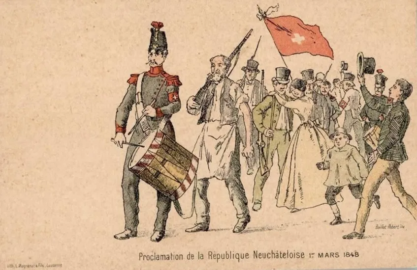 L'illustrazione raffigura la proclamazione della Repubblica Neuchâteloise del 1° marzo 1848. In primo piano, un tamburino in uniforme e un artigiano armato guidano un corteo festoso di cittadini che sfilano sotto la bandiera svizzera. La scena celebra l'insurrezione repubblicana che portò Neuchâtel a rompere con la sovranità prussiana e ad integrarsi appieno nello Stato federale svizzero. Fonte: Archivio Insubrica Historica