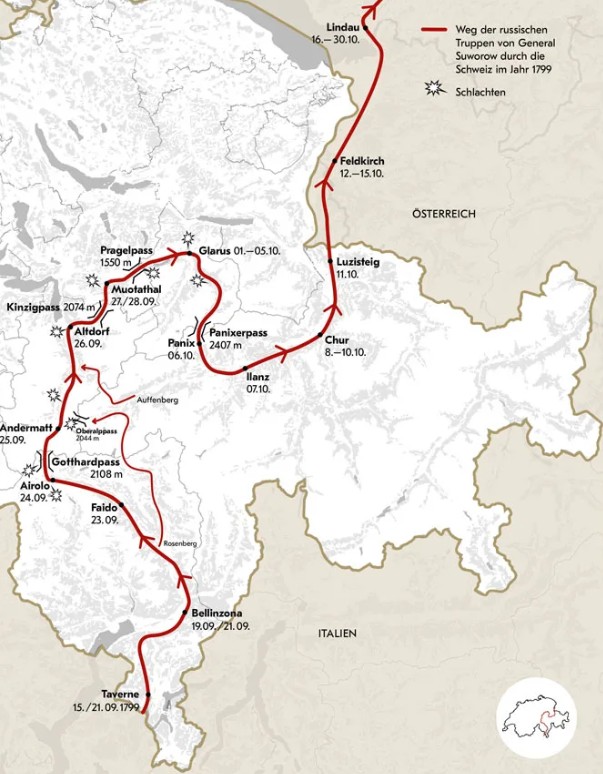 Mappa del percorso compiuto dal generale russo Aleksandr Suvorov attraverso la Svizzera nell'autunno del 1799. Tra il settembre e l'ottobre di quell'anno, le sue truppe valicarono ad altitudini estreme impervi passi alpini — come il Gottardo, il Kinzig e il Panix — affrontando scontri decisivi con l'esercito francese prima di ritirarsi verso l'Austria e Lindau. Fonte: Blog Museo Nazionale Svizzero